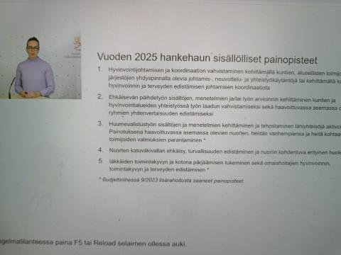 Terveyden edistämisen 2025 määrärahojen info menossa. Näillä painotuksills rahoitusta haettavissa …