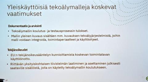 @TEM_uutiset EU:n tekoälyasetus ja tekoälyn kv-sääntely-aiheesta puhuva Huhtala kuvaa EU:n tekoälyn sääntelyä tuoteturvallisuussääntelyksi, jossa nostetaan tekoälyn turvallisuus ihmiselle keskiöön. ht