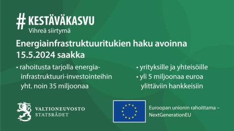 Yritysten ja yhteisöjen energiainfrastruktuurihankkeille haettavissa RRF-investointitukea 15.5.2024 saakka. Tukea käytettävissä yhteensä noin 35 miljoonaa euroa. Tukea myönnetään yli 5 miljoonan euron