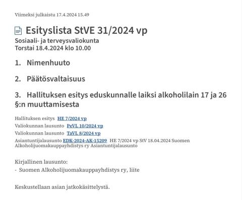 Alkoholilain prosenttikorotus on loppumetreillä. Perustuslaki- ja talousvaliokunta antoivat jo lausuntonsa sotevaliokunnalle, joka pohtii asian edistämistä. Joko lisää asiantuntijoita, tai laaditaan m