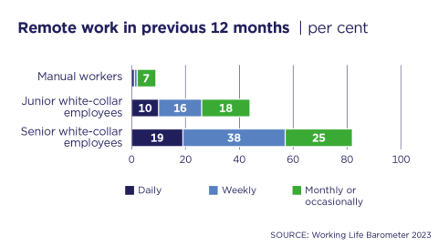 According to the Working Life Barometer, over 80% of senior white-collar employees worked remotely at least occasionally in 2023. The number was significantly lower among junior white-collar employees