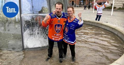 Tässä ovat ensimmäiset Tappara-fanit suihkulähteellä – Lauri ja Kerttu hyppäsivät veteen heti summerin soitua