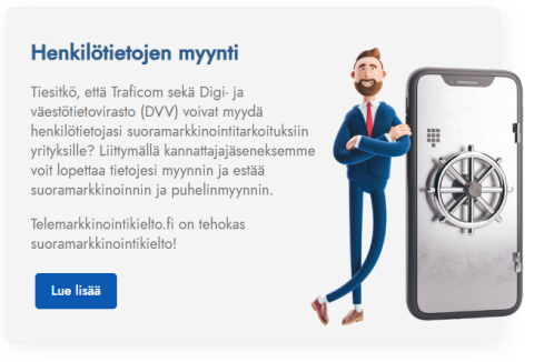 Suoramarkkinointia voi hankaloittaa maksuttomasti myös @DVVfi () ja @TraficomFinland () kautta, tutustumalla @KKV_uutiset infosivuun (