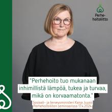 "#Perhehoito on palvelumuoto, johon kannattaa satsata niin inhimillisesti kuin taloudellisestikin. Perhehoitajuus tuo apua myös hoitajapulaan", totesi sosiaali- ja terveysministeri @KaisaJuuso (ps.) P